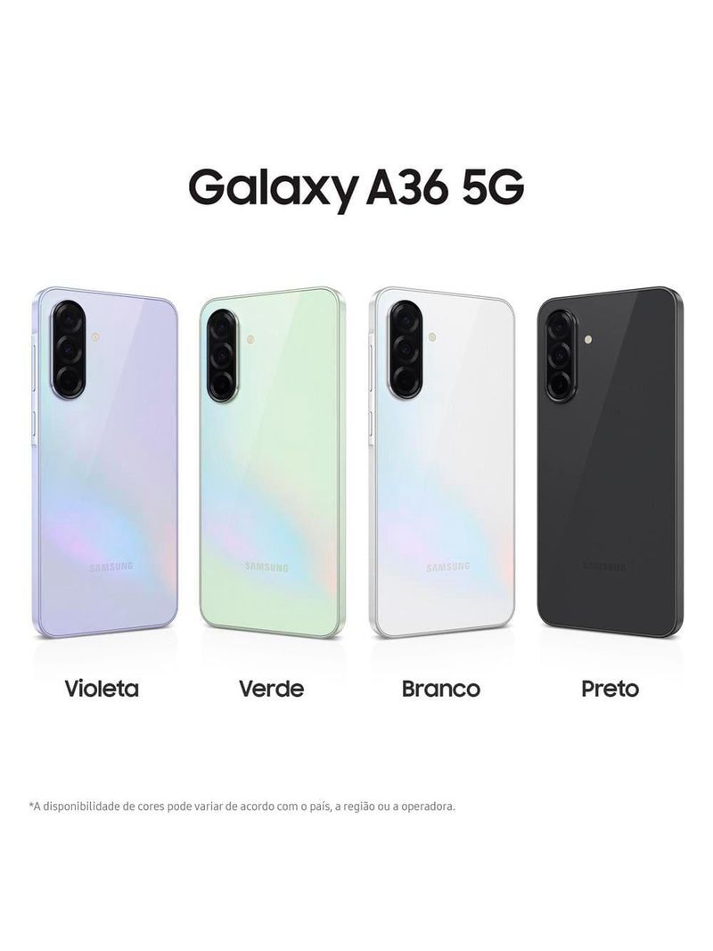 Smartphone samsung galaxy a36 5g preto 128gb, 6gb ram, câmera tripla até 50mp, tela super amoled 67", ip67, nfc, recursos ai e snapdragon 6 gen 3