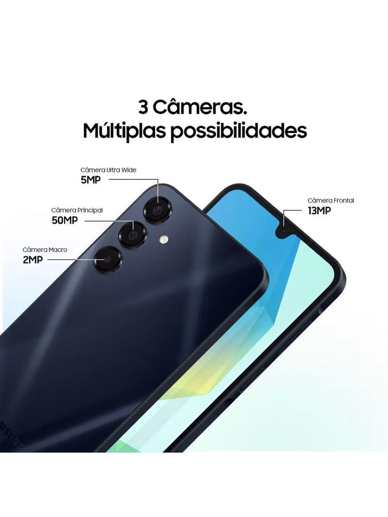 Smartphone samsung galaxy a16 5g azul escuro, 128gb, 4gb ram, câmera de até 50mp, tela 67", nfc, ip54, bateria 5000 mah e processador exynos 1330
