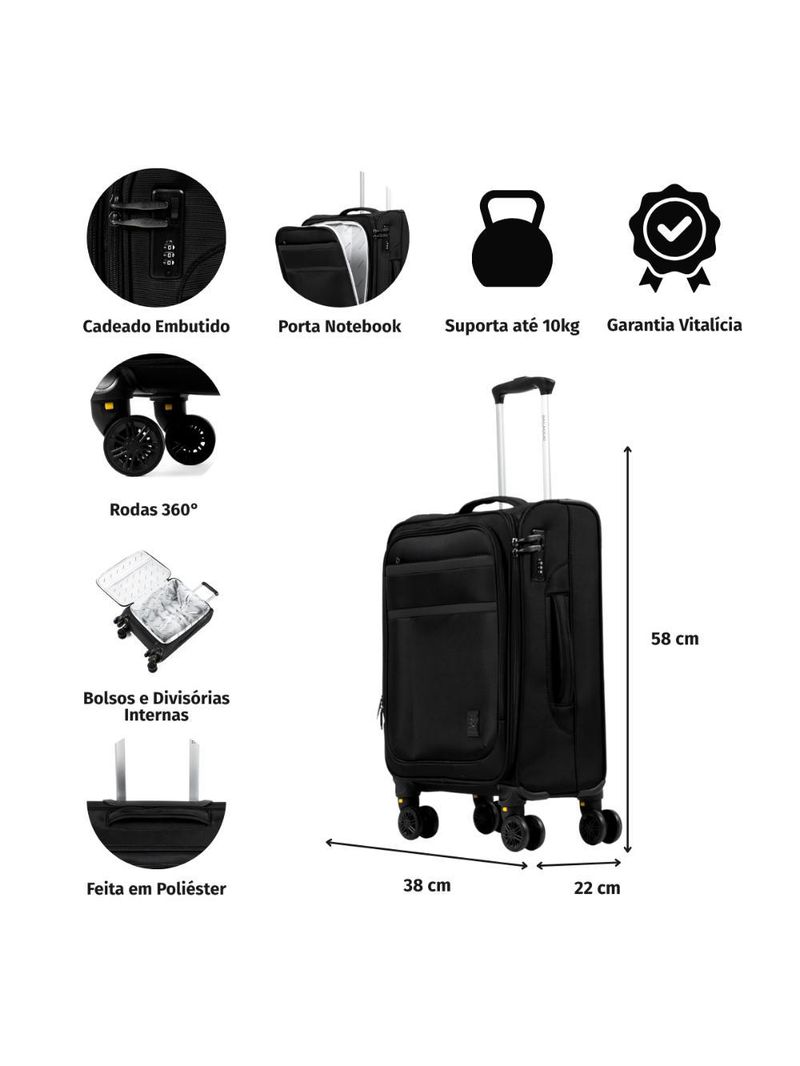 Mala de viagem pequena poliéster 4 rodas 360º removíveis com cadeado embutido lyon azul escuro