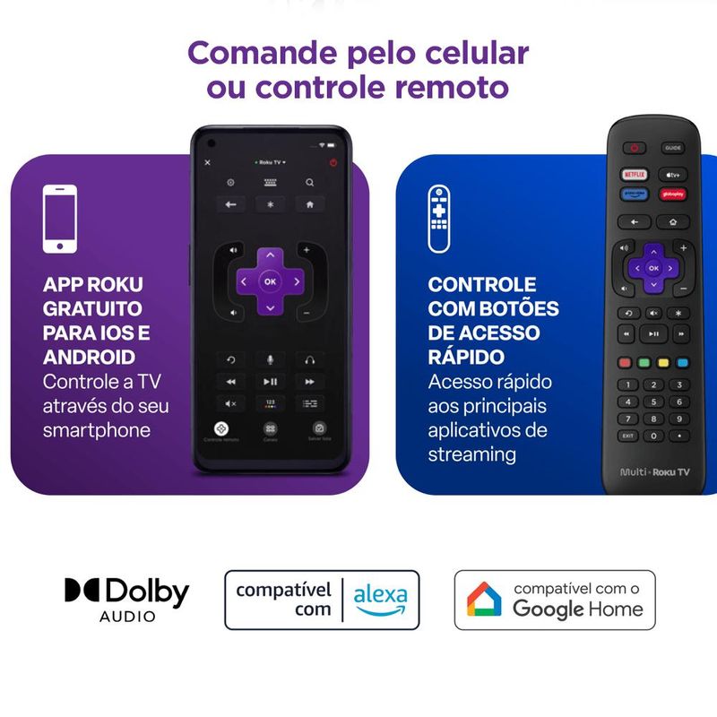 Multi roku tv 50" smart com imagem 4k 4 hdmi 2 usb compatível com alexa e google home - tl059m