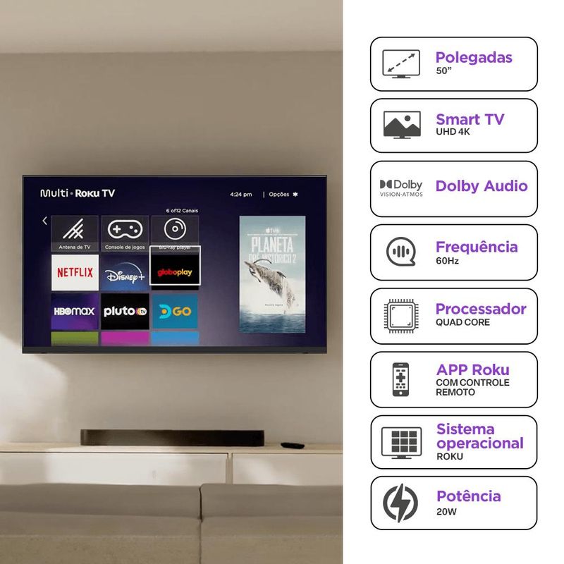 Multi roku tv 50" smart com imagem 4k 4 hdmi 2 usb compatível com alexa e google home - tl059m