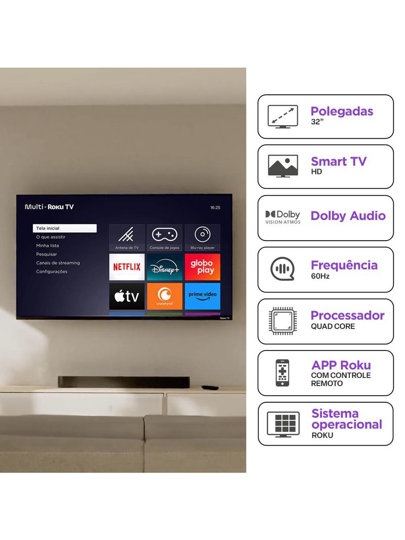 Smart tv multi roku 32" com imagem hd 3 hdmi 2 usb - tl052m