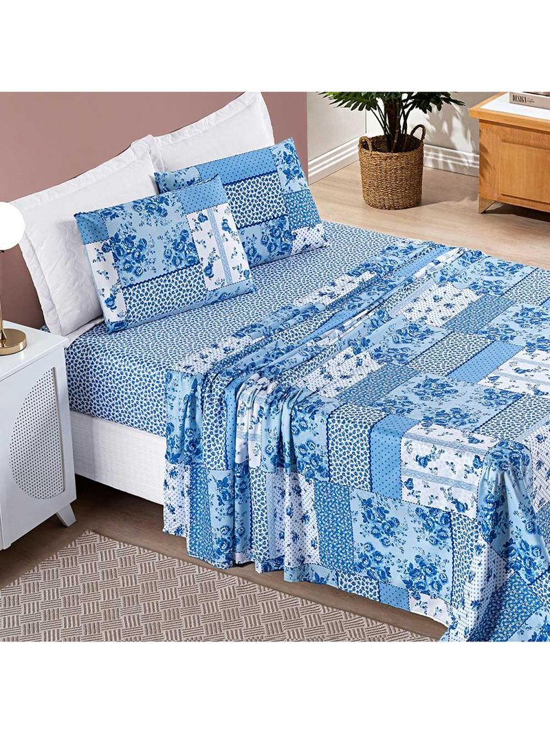 Jogo de cama lençol dallas casal padrão microfibra 4 peças - azul sereno patchwork