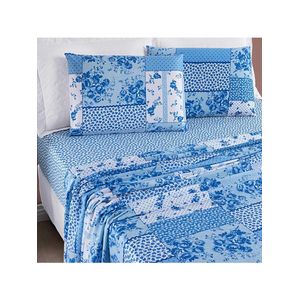 Jogo de cama lençol dallas casal padrão microfibra 4 peças - azul sereno patchwork