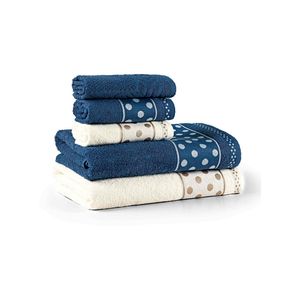 Jogo de banho meggy poá bolinhas toalhas macias 100% algodão 5 peças azul marinho e pérola