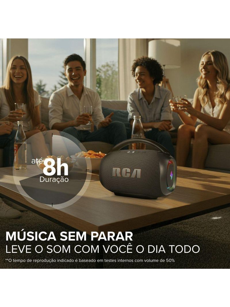 Caixa de Som Portátil RCA Bluetooth 90W IPX5 Luzes LED RGB Potente FR213 Mini