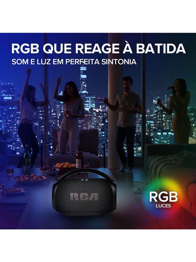 Caixa de Som Portátil RCA Bluetooth 90W IPX5 Luzes LED RGB Potente FR213 Mini