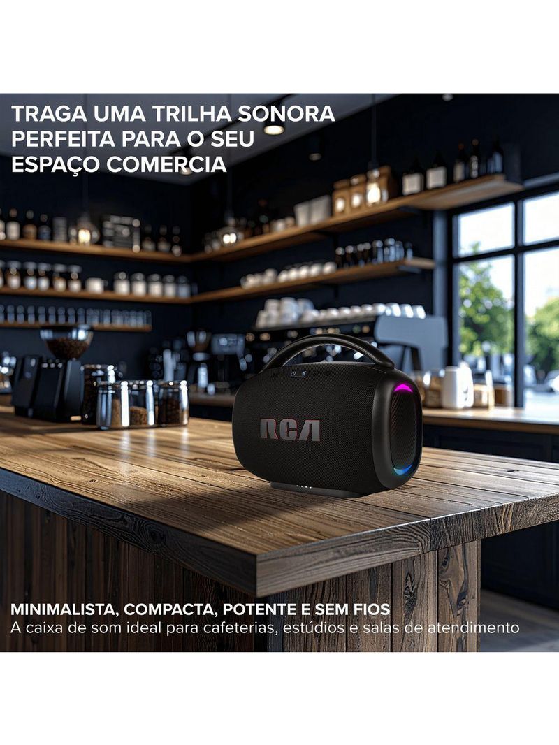 Caixa de Som Portátil RCA Bluetooth 90W IPX5 Luzes LED RGB Potente FR213 Mini
