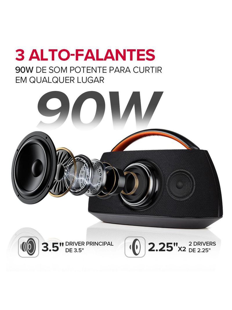 Caixa de Som Portátil RCA Bluetooth 90W IPX5 Luzes LED RGB Potente Design Minimalista Elegante FR316