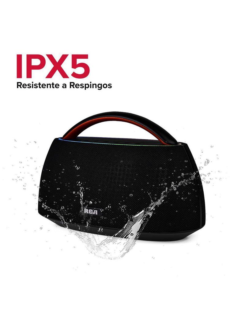 Caixa de Som Portátil RCA Bluetooth 90W IPX5 Luzes LED RGB Potente Design Minimalista Elegante FR316