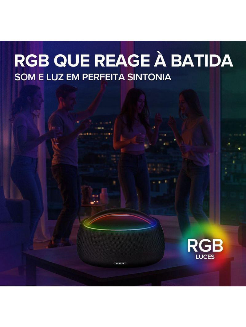 Caixa de Som Portátil RCA Bluetooth 90W IPX5 Luzes LED RGB Potente Design Minimalista Elegante FR316