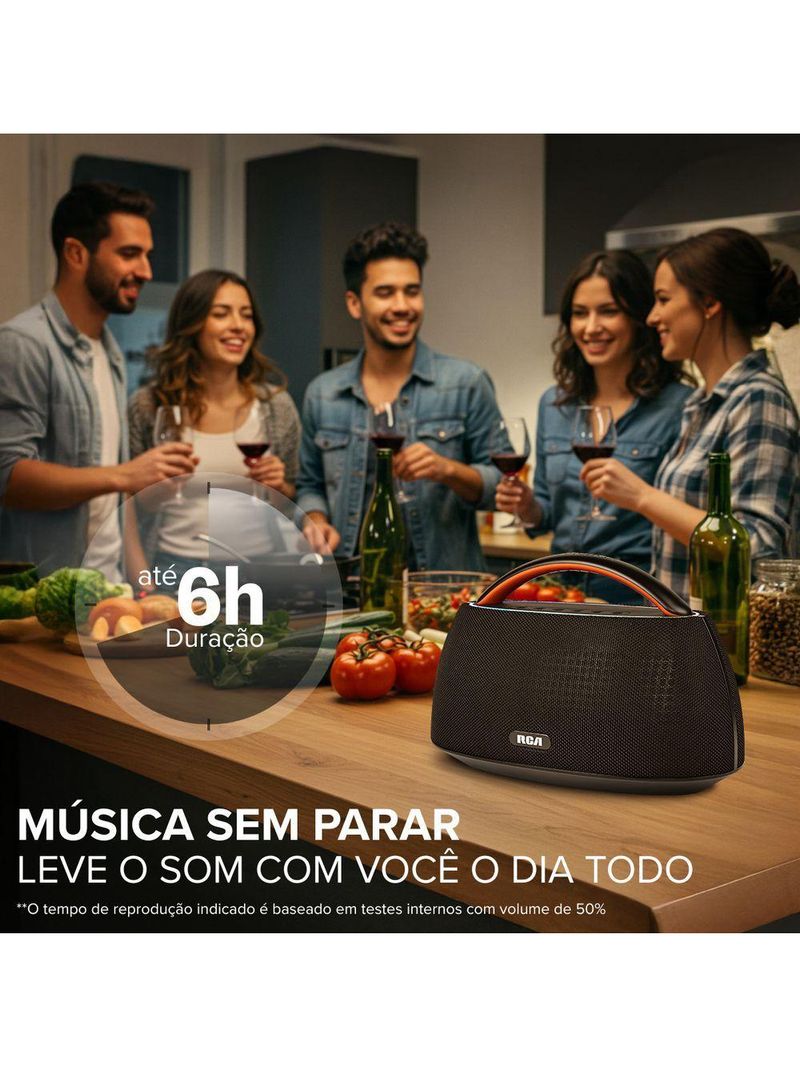 Caixa de Som Portátil RCA Bluetooth 90W IPX5 Luzes LED RGB Potente Design Minimalista Elegante FR316