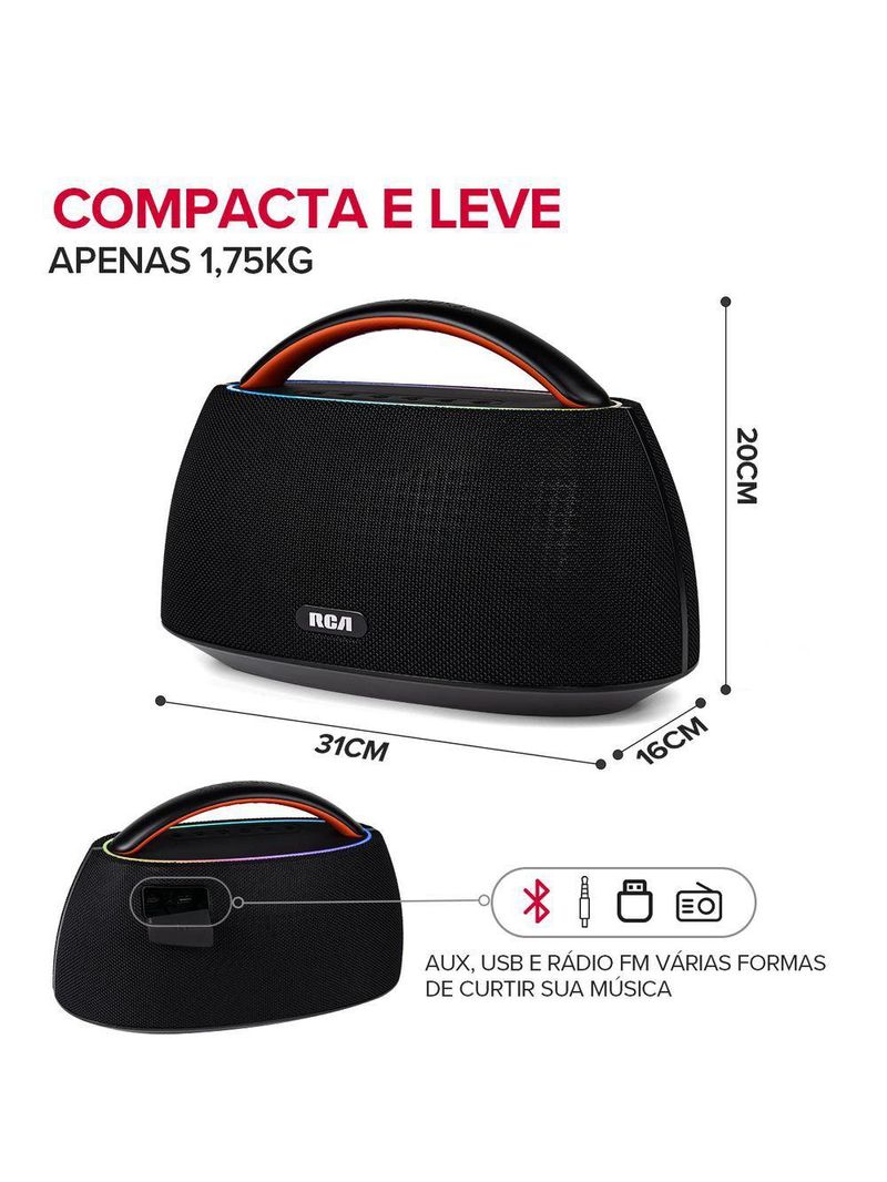 Caixa de Som Portátil RCA Bluetooth 90W IPX5 Luzes LED RGB Potente Design Minimalista Elegante FR316