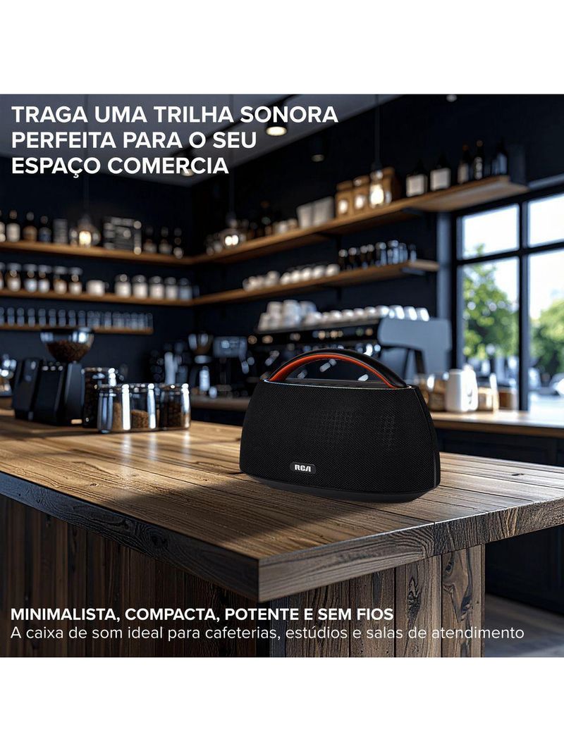 Caixa de Som Portátil RCA Bluetooth 90W IPX5 Luzes LED RGB Potente Design Minimalista Elegante FR316