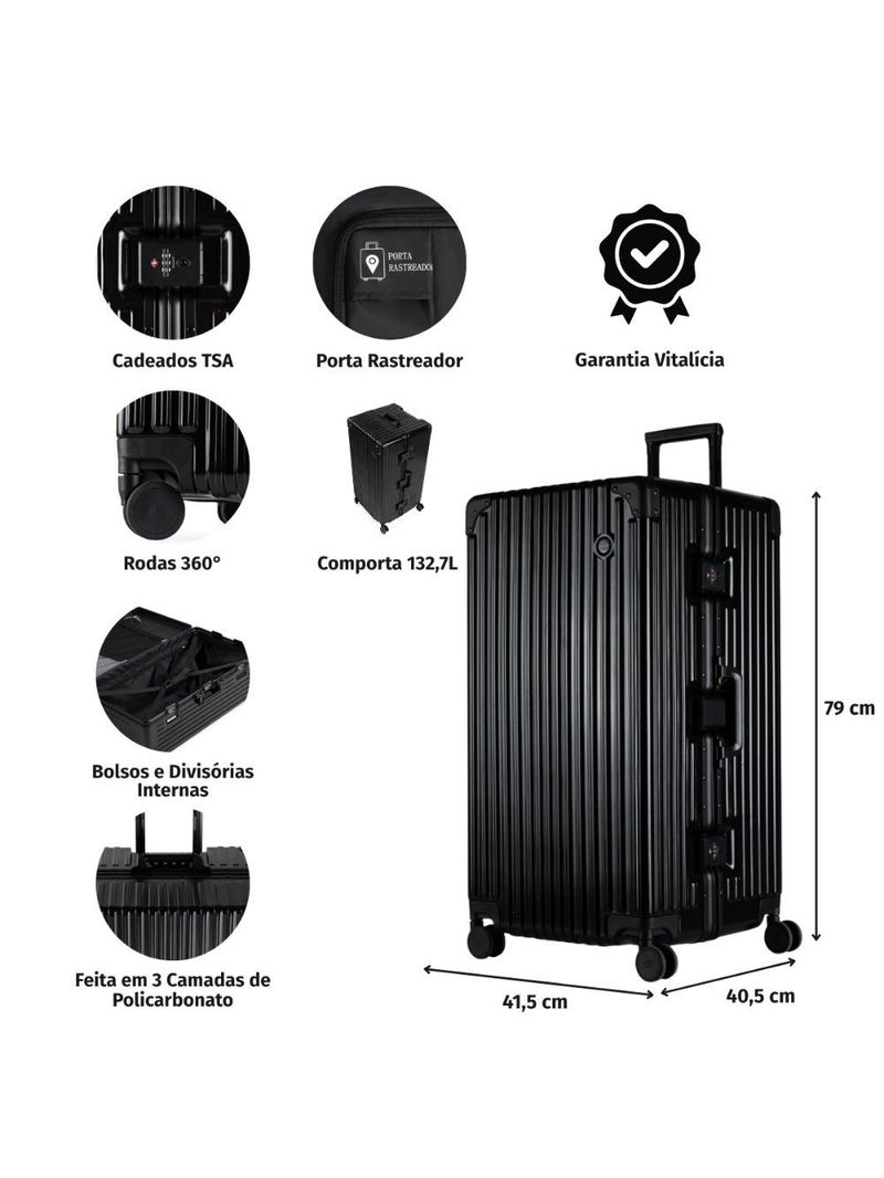 Mala de viagem grande ultra ampla policarbonato 4 rodas kyoto trunk prata