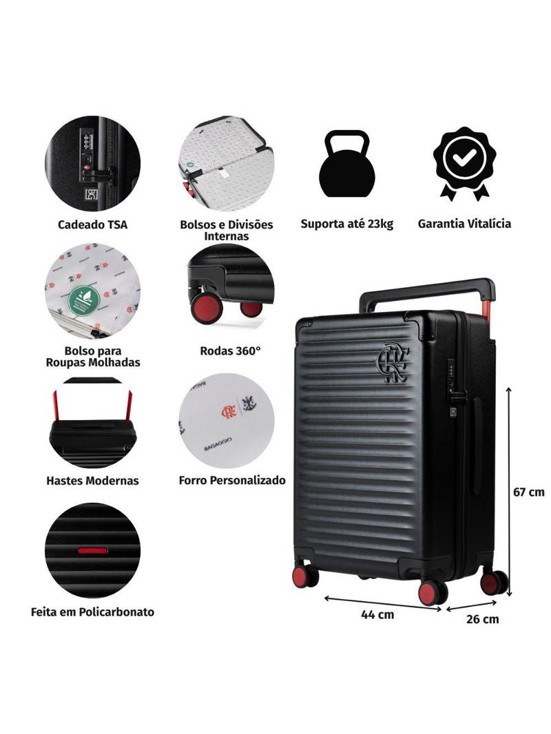 Mala média flamengo 23 kg policarbonato 4 rodas premium oficial preta