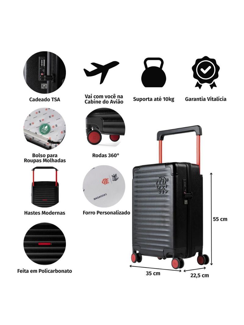 Mala de bordo flamengo 10 kg policarbonato 4 rodas premium oficial preta