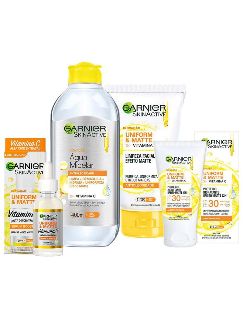 Garnier skin uniform & matte vitamina c kit – sérum + gel de limpeza + Água micelar + hidratante