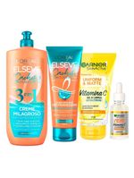 Garnier + elseve cachos kit - gel de limpeza facial + sérum facial + creme noturno + creme milagroso 3 em 1