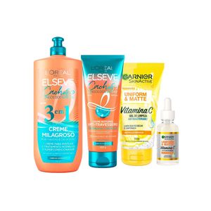Garnier + elseve cachos kit - gel de limpeza facial + sérum facial + creme noturno + creme milagroso 3 em 1
