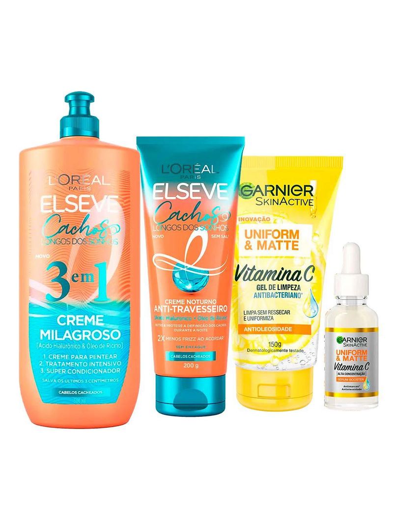 Garnier + elseve cachos kit - gel de limpeza facial + sérum facial + creme noturno + creme milagroso 3 em 1