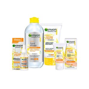 Garnier skin uniform & matte vitamina c kit – sérum + gel de limpeza + Água micelar + protetor solar cor clara