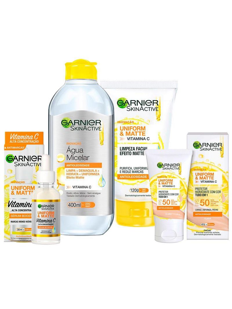 Garnier skin uniform & matte vitamina c kit – sérum + gel de limpeza + Água micelar + protetor solar cor clara