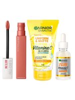 Garnier + maybelline kit – gel de limpeza facial + sérum facial + batom líquido superstay matte ink