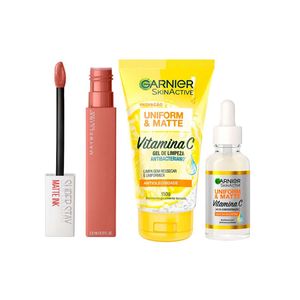 Garnier + maybelline kit – gel de limpeza facial + sérum facial + batom líquido superstay matte ink