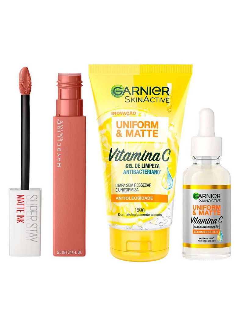 Garnier + maybelline kit – gel de limpeza facial + sérum facial + batom líquido superstay matte ink