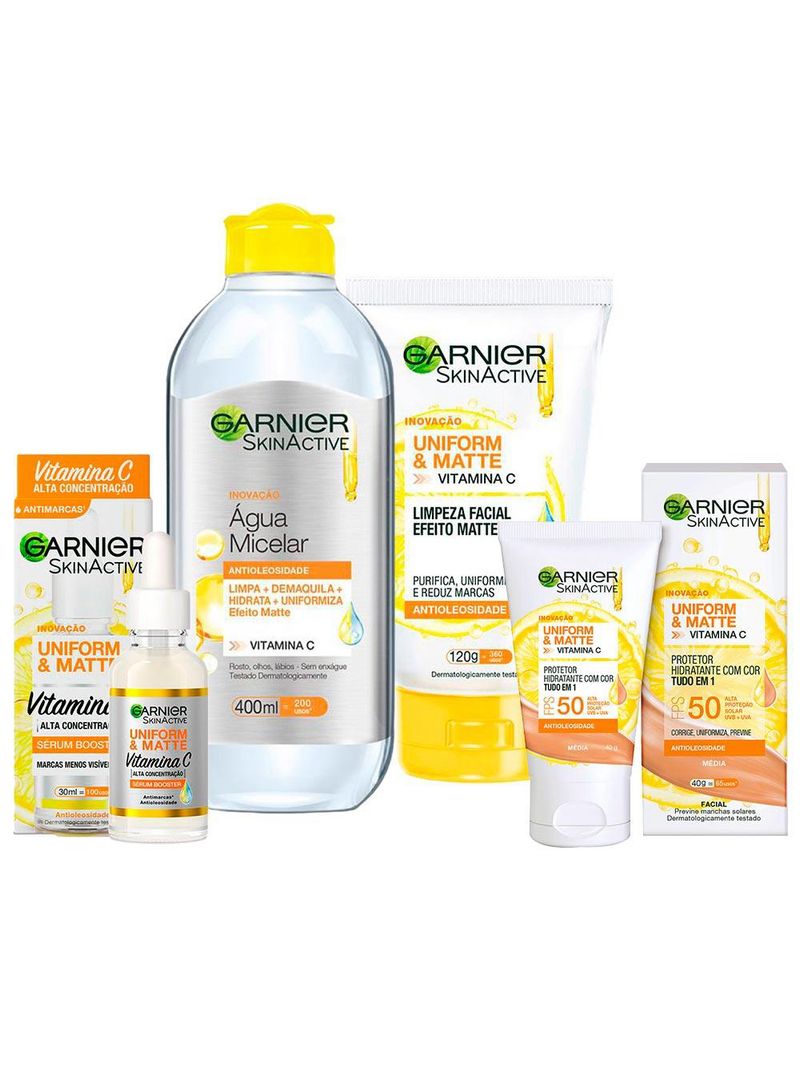 Garnier skin uniform & matte vitamina c kit – sérum + gel de limpeza + Água micelar + protetor solar cor média