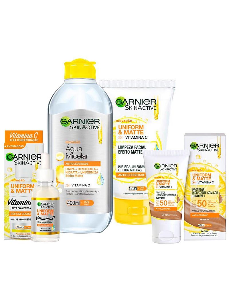 Garnier skin uniform & matte vitamina c kit – sérum + gel de limpeza + Água micelar + protetor solar cor morena