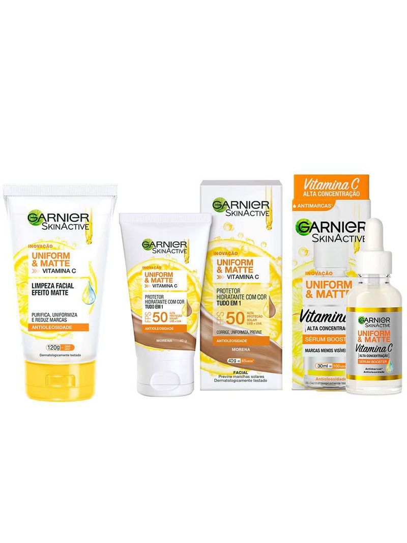 Garnier skin uniform & matte vitamina c kit – sérum facial + gel de limpeza + protetor solar fps50 cor morena
