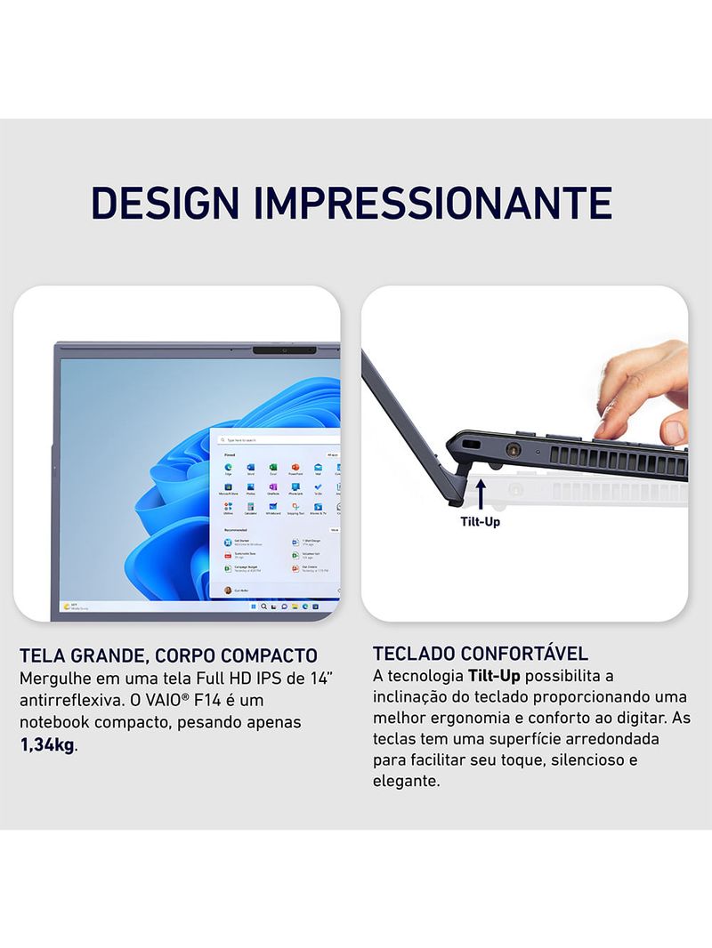 Notebook VAIO® F14 Intel® Core i5-1334U Windows 11 Home 16GB RAM 512GB SSD 14'' Full HD IPS com Fingerprint Cinza Escuro