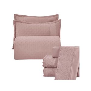 Kit coordenado grécia cobre leito + jogo de cama king bordado inglês 300 fios - 7 peças - roxo malva
