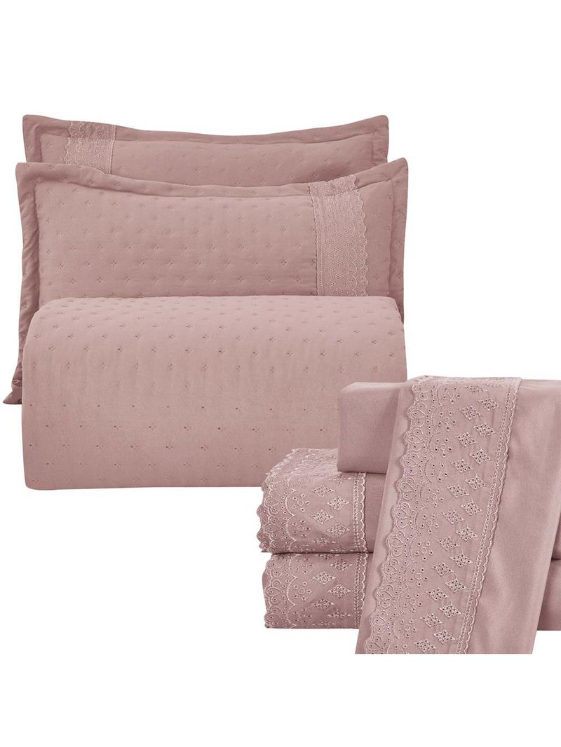 Kit coordenado grécia cobre leito + jogo de cama king bordado inglês 300 fios - 7 peças - roxo malva