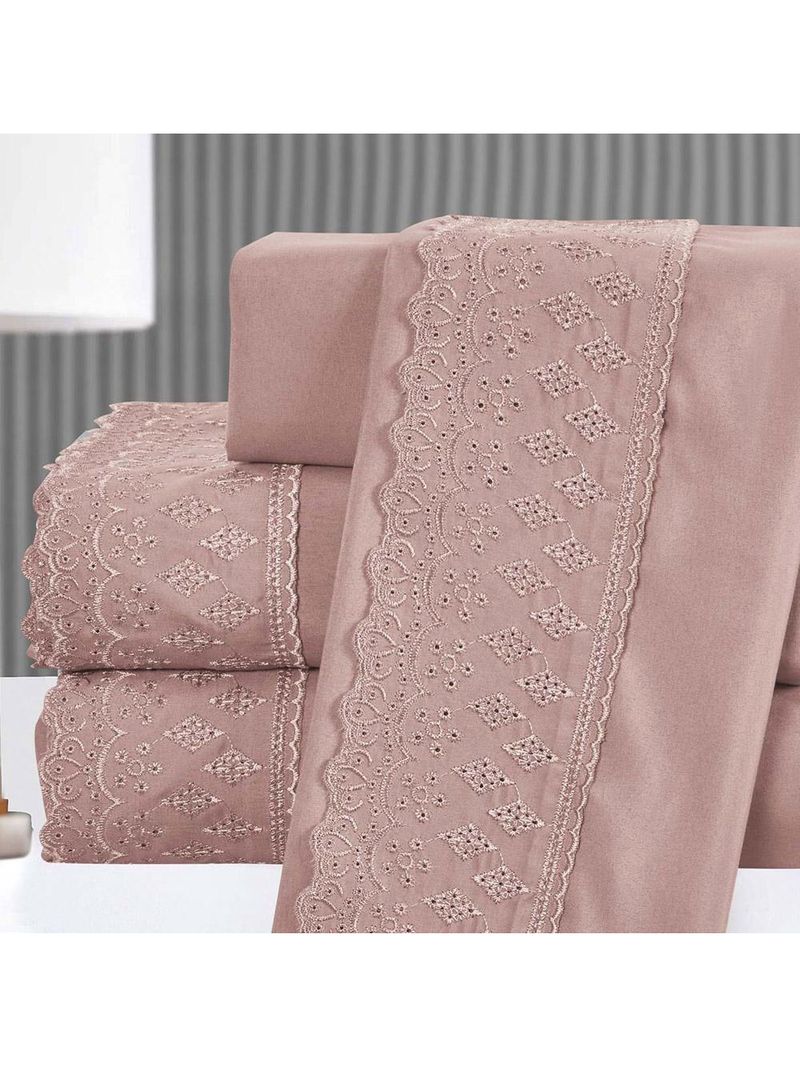 Kit coordenado grécia cobre leito + jogo de cama king bordado inglês 300 fios - 7 peças - roxo malva