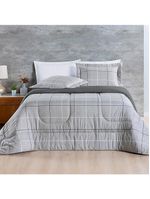 Kit edredom cobertor celi king dupla face micropercal estampado 200 fios 3 peças xadrez grid cinza - 100% poliéster