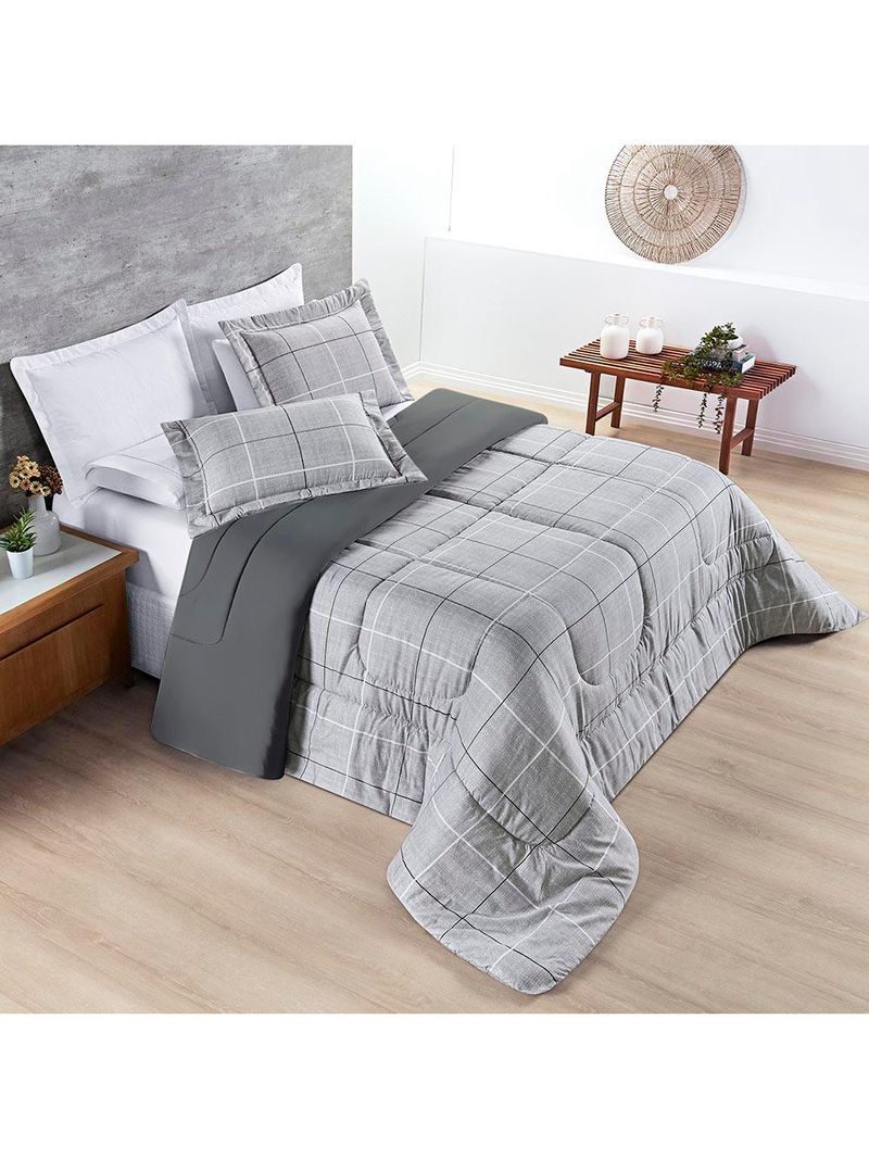 Kit edredom cobertor celi king dupla face micropercal estampado 200 fios 3 peças xadrez grid cinza - 100% poliéster