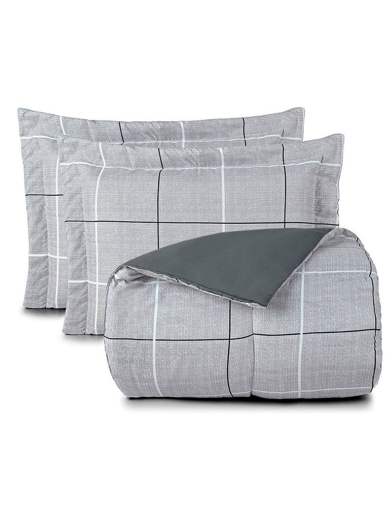 Kit edredom cobertor celi king dupla face micropercal estampado 200 fios 3 peças xadrez grid cinza - 100% poliéster