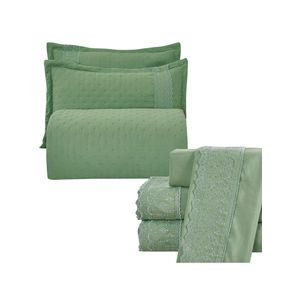 Kit coordenado grécia cobre leito + jogo de cama king bordado inglês 300 fios - 7 peças - verde
