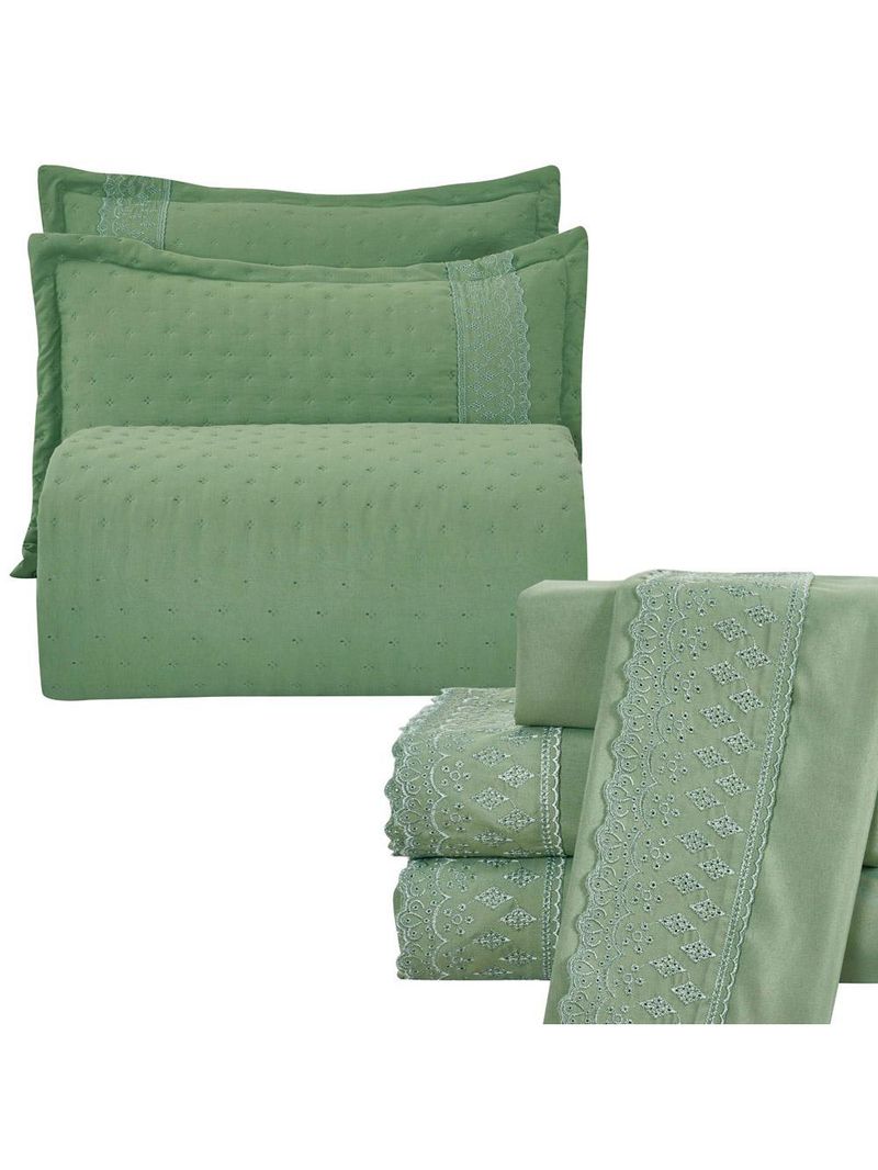Kit coordenado grécia cobre leito + jogo de cama king bordado inglês 300 fios - 7 peças - verde