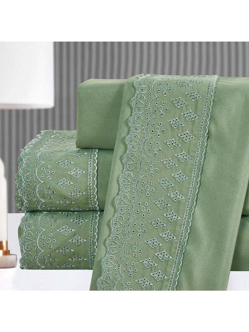 Kit coordenado grécia cobre leito + jogo de cama king bordado inglês 300 fios - 7 peças - verde