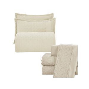 Kit coordenado grécia cobre leito + jogo de cama casal padrão bordado inglês 300 fios - 7 peças - bege