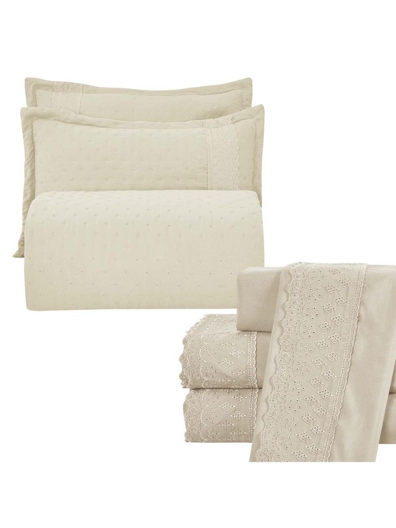 Kit coordenado grécia cobre leito + jogo de cama casal padrão bordado inglês 300 fios - 7 peças - bege