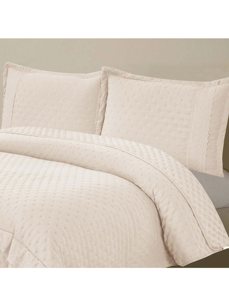 Kit coordenado grécia cobre leito + jogo de cama casal padrão bordado inglês 300 fios - 7 peças - bege