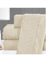 Kit coordenado grécia cobre leito + jogo de cama casal padrão bordado inglês 300 fios - 7 peças - bege