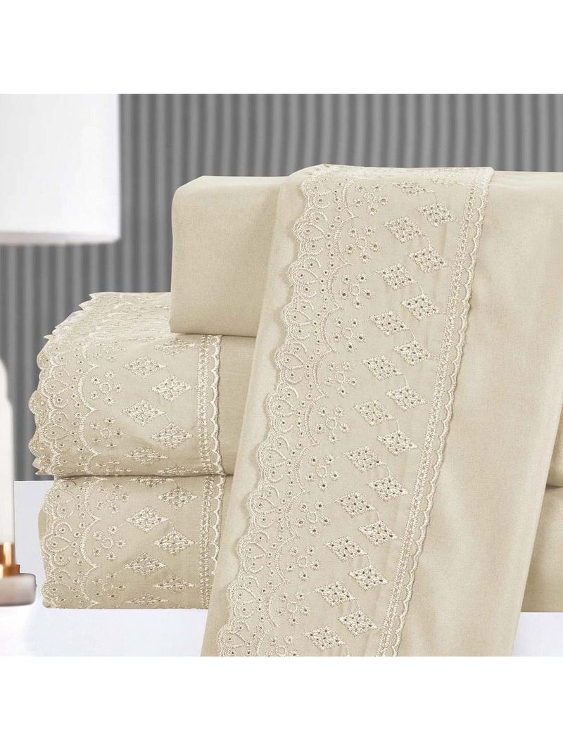 Kit coordenado grécia cobre leito + jogo de cama casal padrão bordado inglês 300 fios - 7 peças - bege