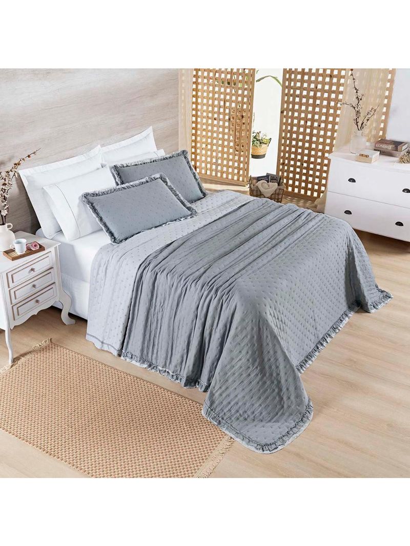 Kit cobre leito colcha vitta king matelado c/ babadinhos 200 fios 3 peças cinza