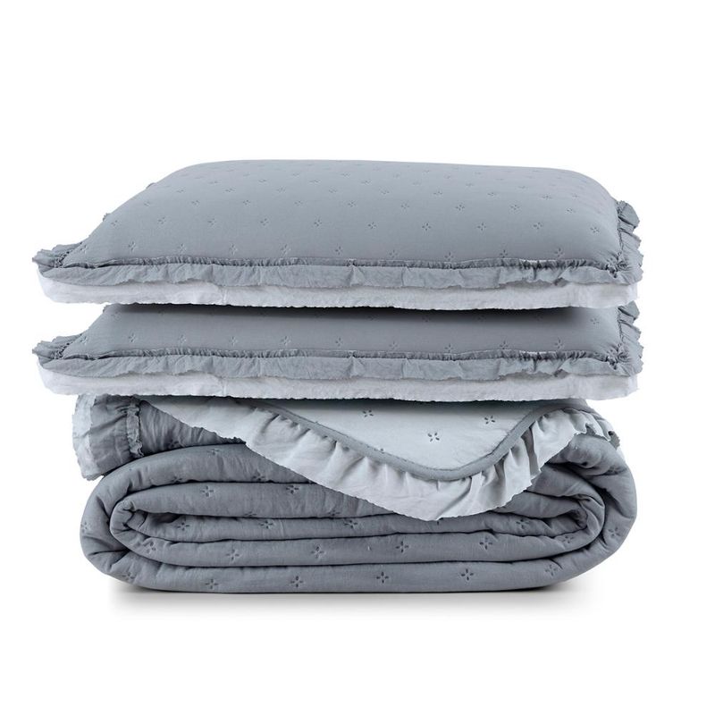 Kit cobre leito colcha vitta king matelado c/ babadinhos 200 fios 3 peças cinza